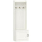White hall tree with coat hooks, top storage shelves, and bottom shoe cabinet