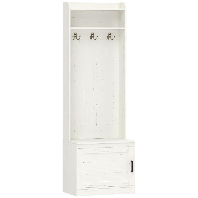White hall tree with coat hooks, top storage shelves, and bottom shoe cabinet
