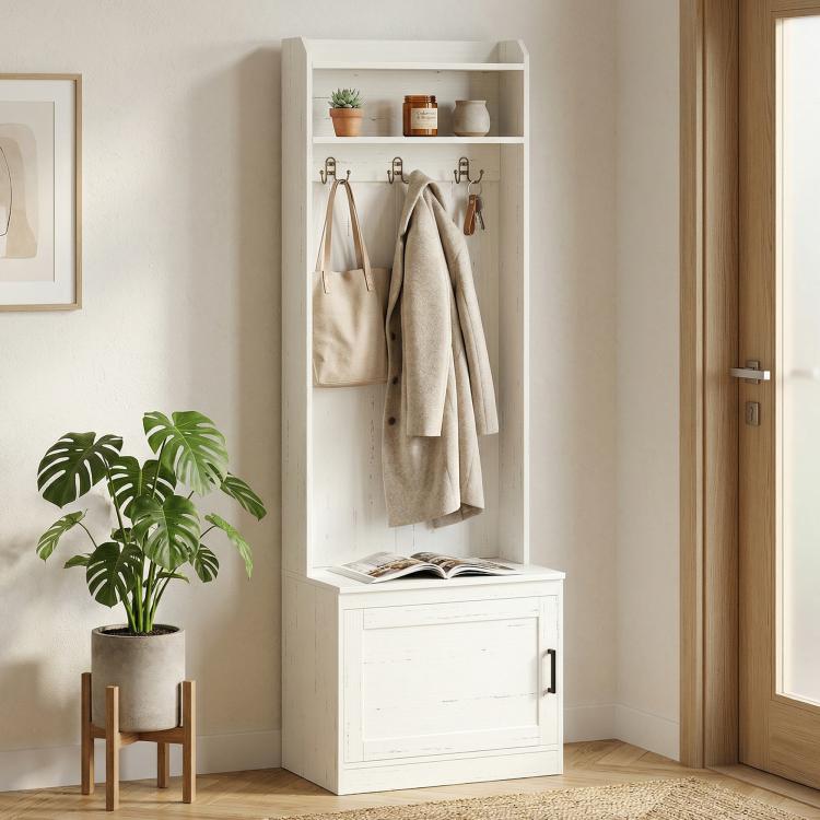 White coat rack hall tree with top storage cubby and shoe bench with cabinet