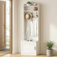 White narrow hall tree with hat hook, coat rack, and shoe storage cabinet