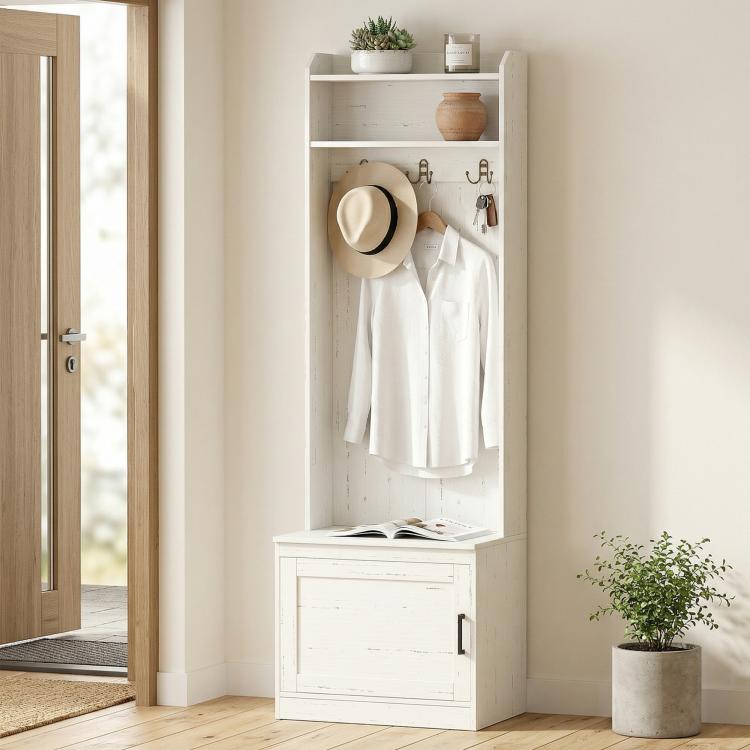 White narrow hall tree with hat hook, coat rack, and shoe storage cabinet