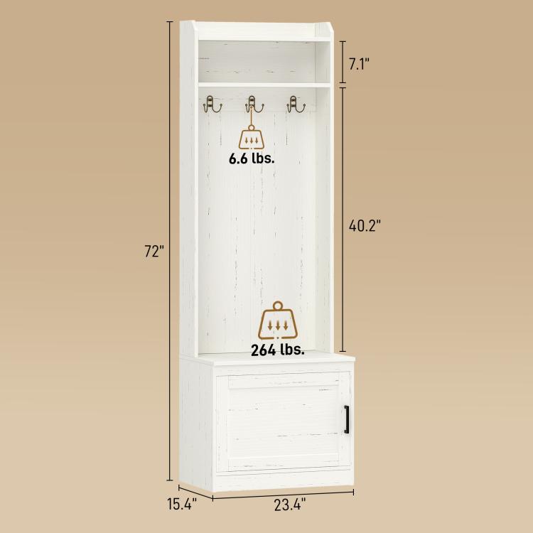 White hall tree with coat hooks and shoe storage bench, vertical layout
