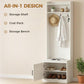 White hall tree featuring top storage shelf, coat rack, and shoe storage bench