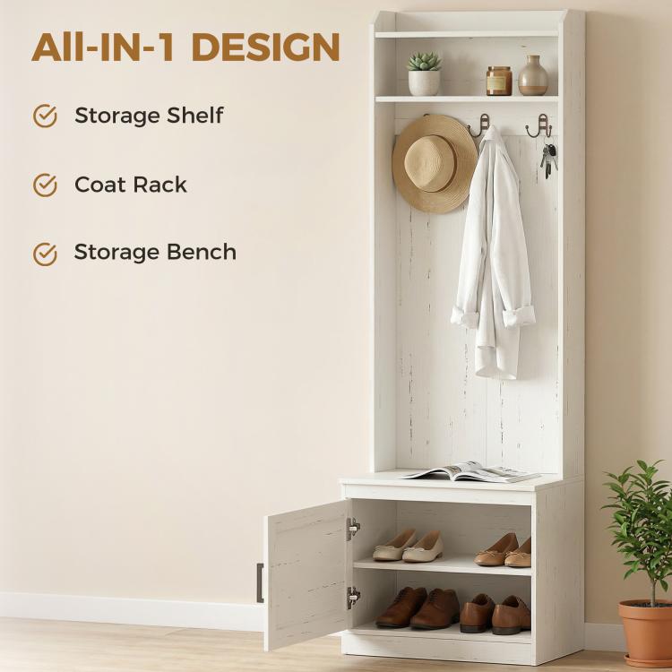White hall tree featuring top storage shelf, coat rack, and shoe storage bench