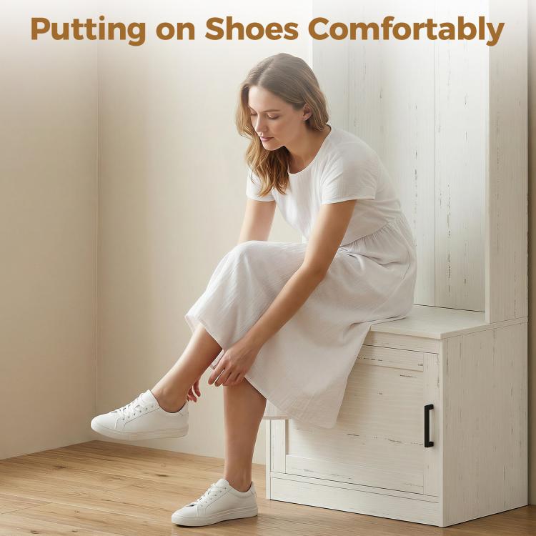 White shoe storage bench with open compartment for putting on shoes