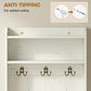 White hall tree with three double coat hooks and built-in anti-tip support