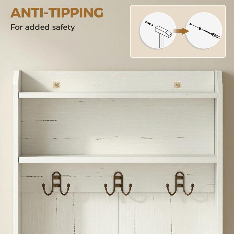 White hall tree with three double coat hooks and built-in anti-tip support