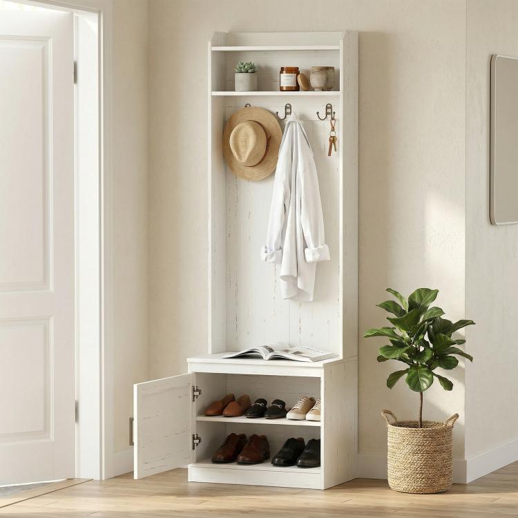 White coat rack hall tree with open shoe compartment and hanging hooks