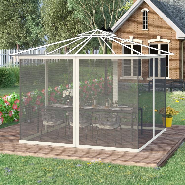 Gazebo mesh sidewall netting with dark gray mesh and white trim around the perimeter