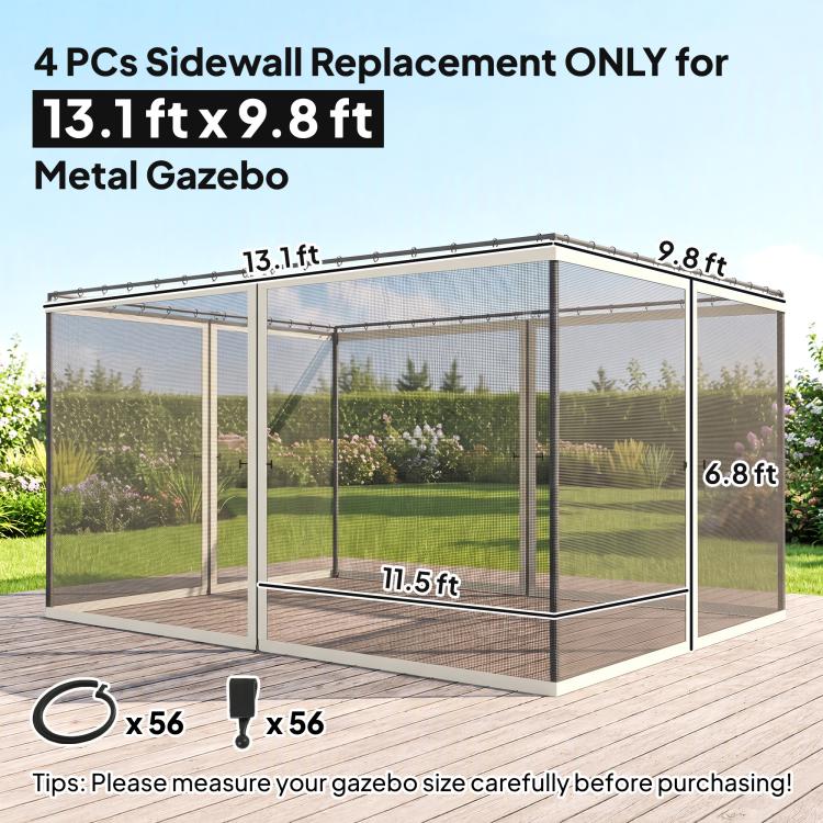 Gazebo sidewall replacement: four dark gray mesh netting panels with white zipper closures