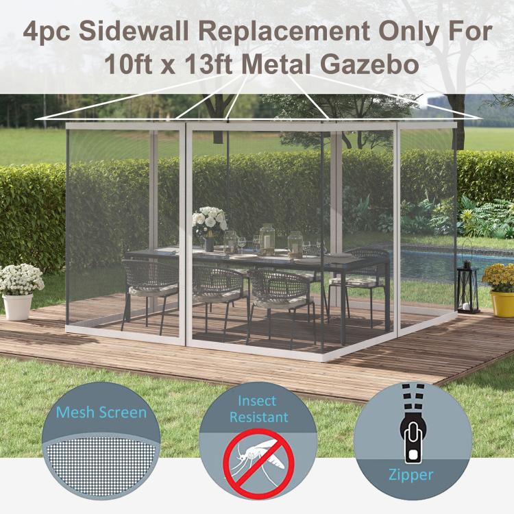 Replacement gazebo sidewall netting with dark gray mesh, white frame, and zipper access