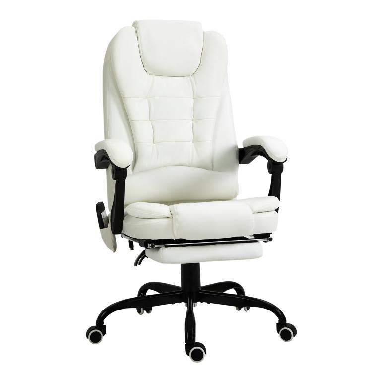 White high-back office chair with cushioned seat, padded armrests, and swiveling base