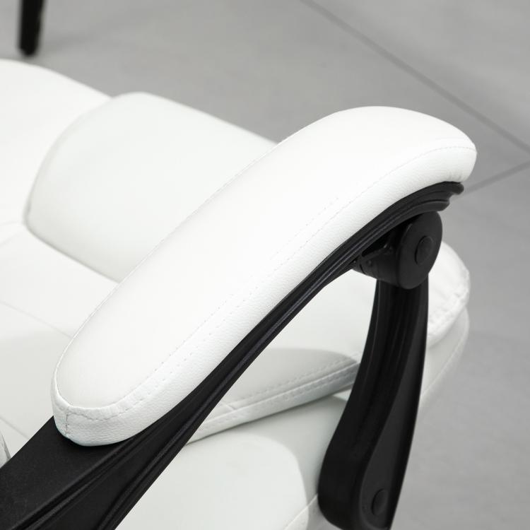 White high-back massage office chair armrest and side controls, padded upholstery