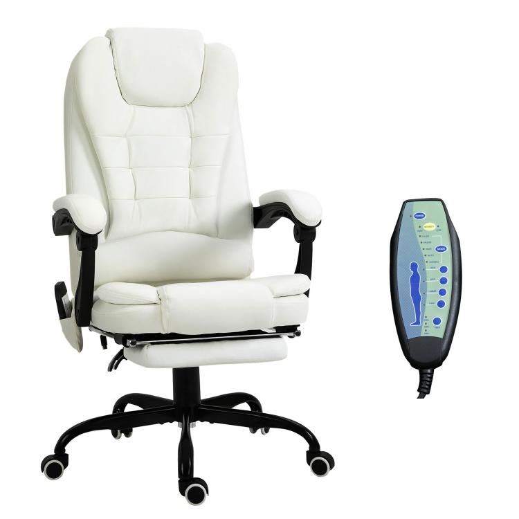 White high-back massage office chair with footrest and handheld remote control