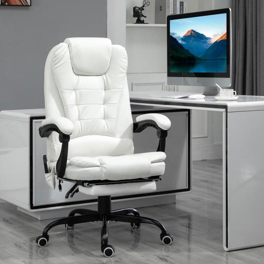 White high-back massage office chair with recline base and padded seat and arms