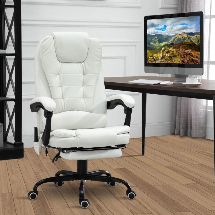 White high-back desk massage chair with padded arms, recline function, and swivel casters