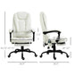 White office massage chair with front and side size diagrams, footrest, and padded headrest