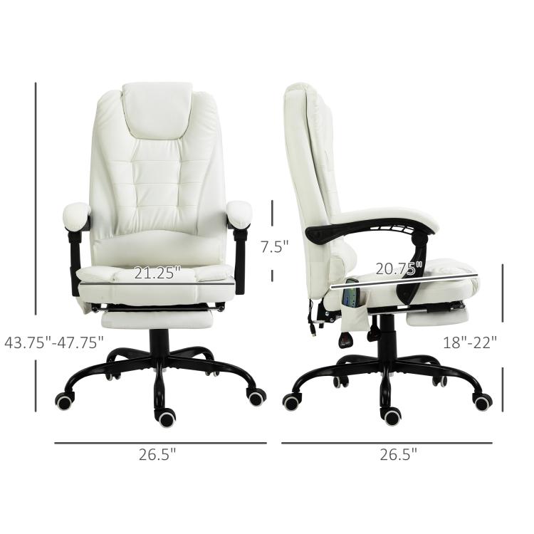 White office massage chair with front and side size diagrams, footrest, and padded headrest