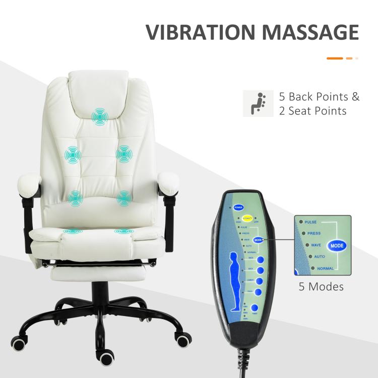 White high-back massage chair with control unit and 5 modes on remote display