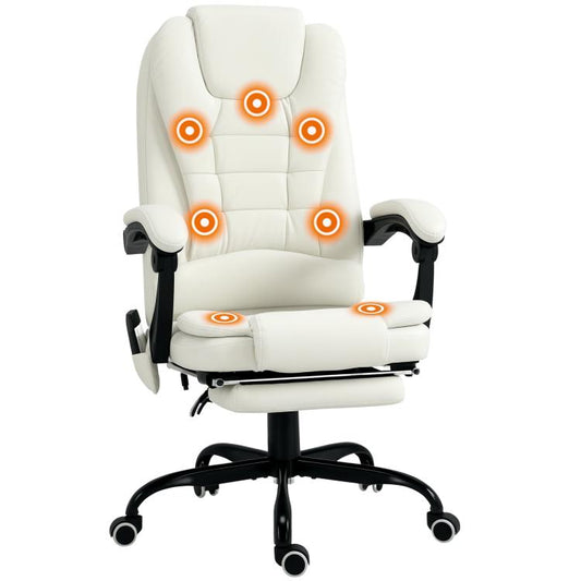 White high-back office massage chair with padded arms, lumbar support, and vibrating nodes