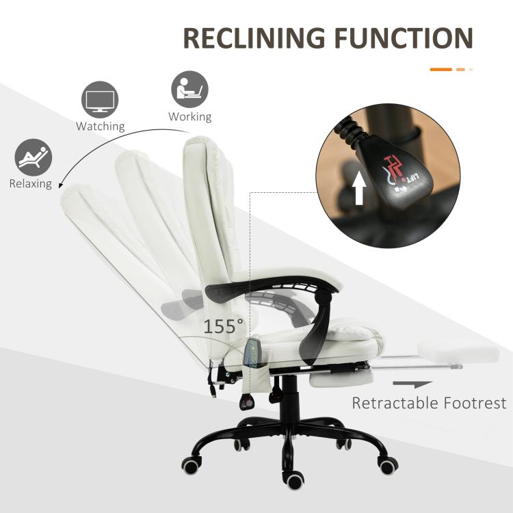 White recline massage office chair with retractable footrest and 155-degree recline diagram