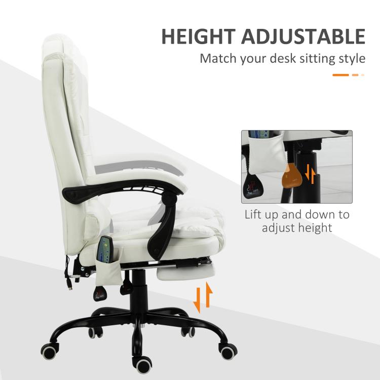 White height-adjustable massage office chair with lift mechanism and adjustable height diagram