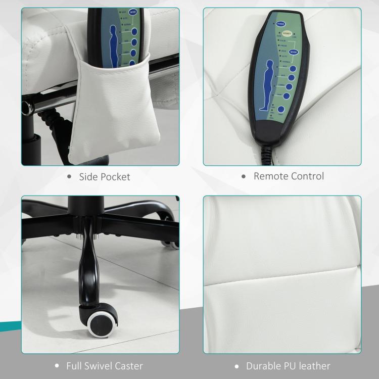 White massage chair accessories: side pocket, remote control, swivel caster, and durable PU leather