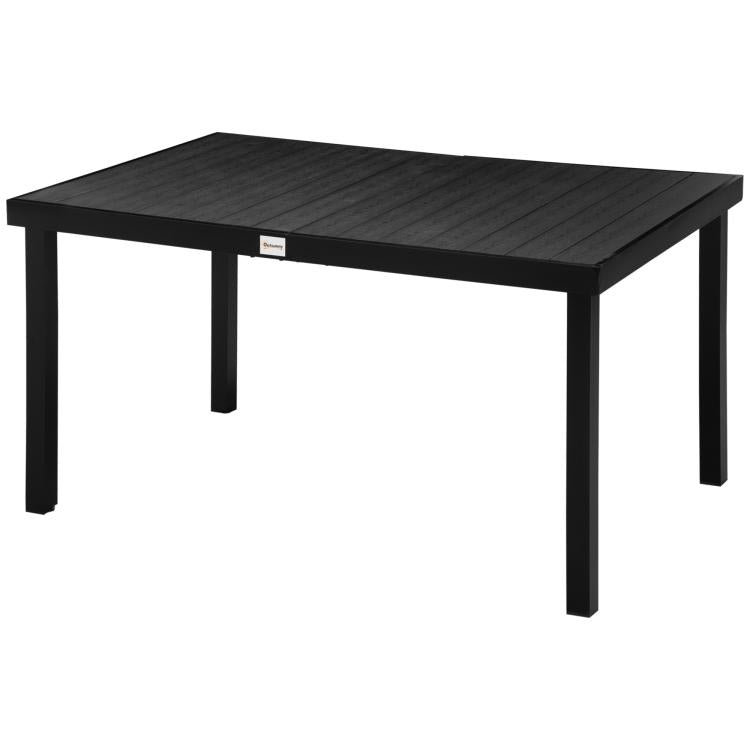 Rectangular outdoor table with black woodgrain top and four tapered metal legs