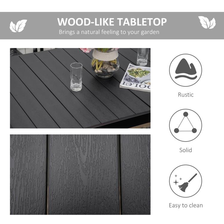 Wood-like tabletop feature graphic for black outdoor dining table
