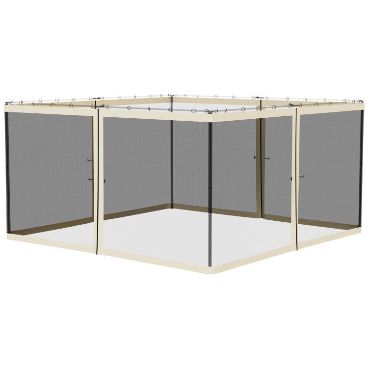 Cream mesh gazebo sidewall panels with zippers and frame tabs, corner view