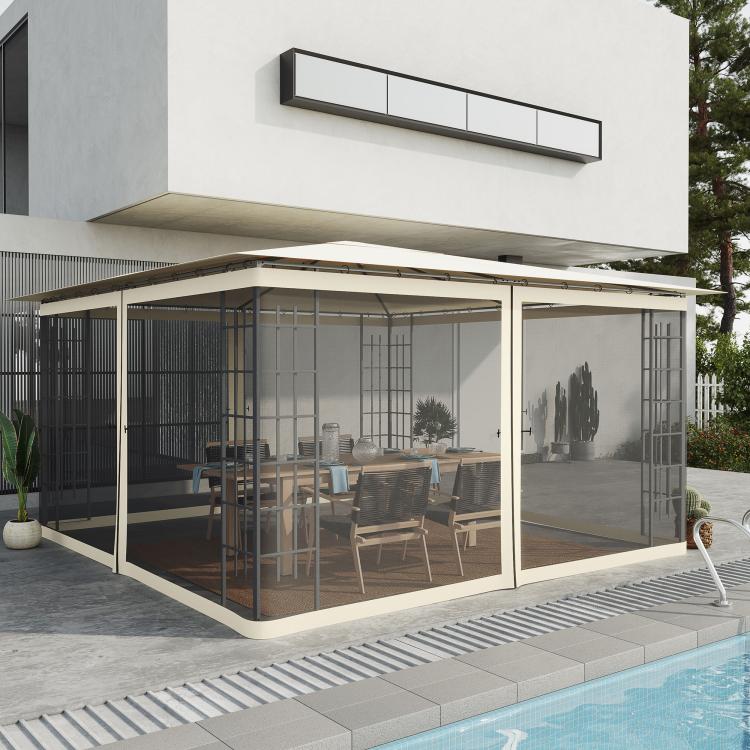 Cream mesh gazebo sidewall curtains with zipper panels on a patio gazebo