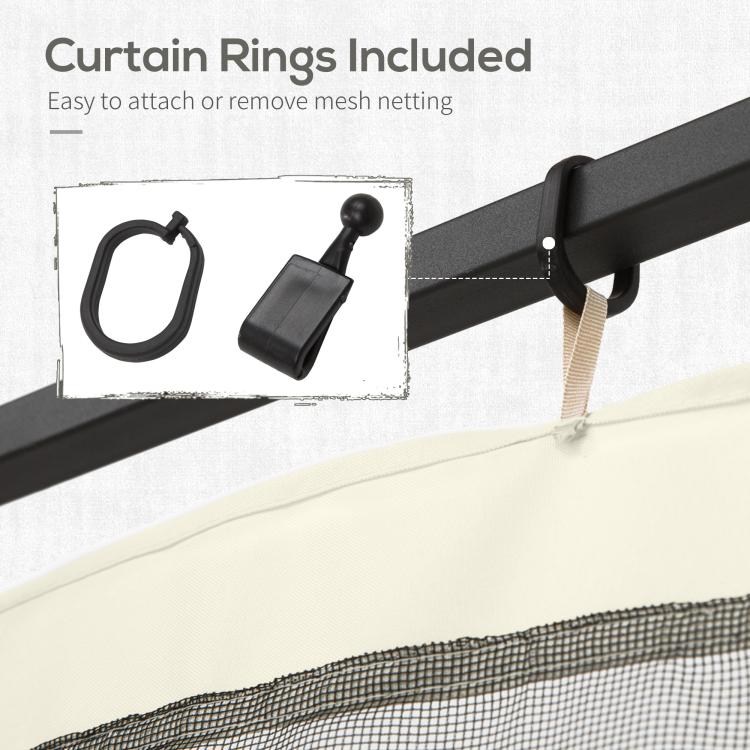 Black curtain rings and clips for attaching cream mesh sidewall netting