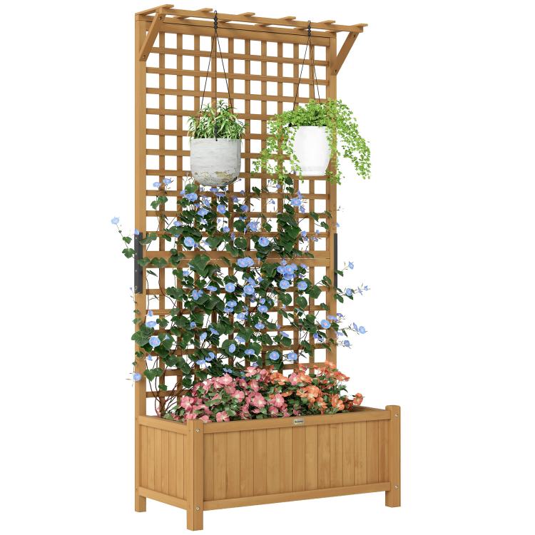 Wood trellis planter with raised planter bed and climbing plant baskets, light wood frame