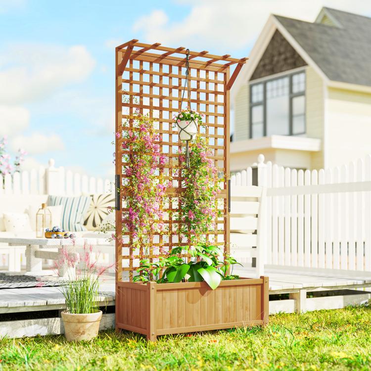 Wood trellis planter with raised bed and multiple flower baskets, backyard garden setup