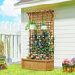 Wood trellis planter privacy screen with raised planter box and hanging baskets for vines