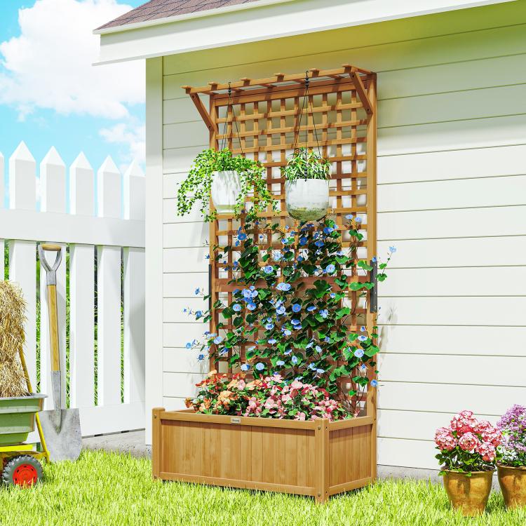 Wood trellis planter privacy screen with raised planter box and hanging baskets for vines
