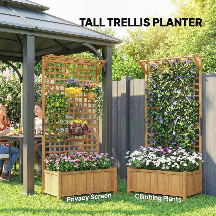 Wood tall trellis planter privacy screen with raised beds for climbing plants, light wood