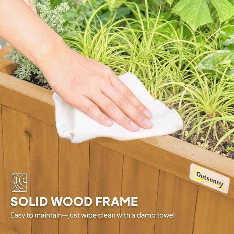 Solid wood trellis planter edge with hand wiping clean, smooth light wood surface