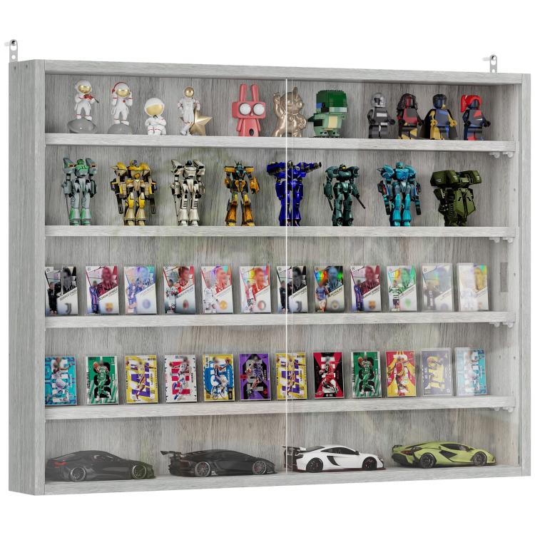 Gray wall-mounted display cabinet with glass doors, open shelves holding boxed collectibles.