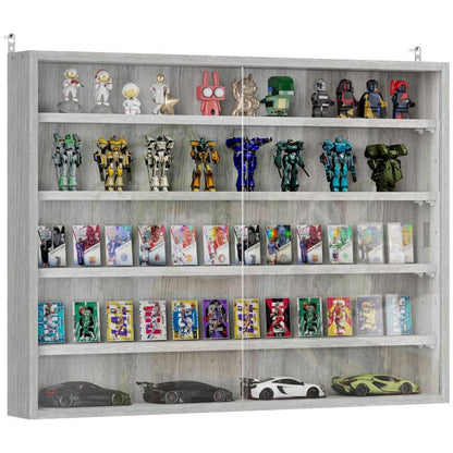 Gray wall-mounted display cabinet with glass doors, open shelves holding boxed collectibles.
