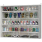 Gray wall-mounted display cabinet with glass doors and multiple shelves for figurines and cars.
