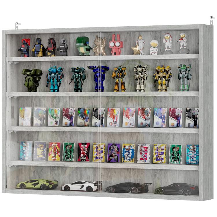 Gray wall-mounted display cabinet with glass doors and multiple shelves for figurines and cars.