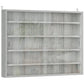 Wall-mounted gray display cabinet back with adjustable shelves and glass-door frame