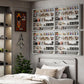 Gray wall display cabinet with glass doors mounted above a bed, showing figurines inside.