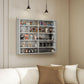 Gray wall-mounted display cabinet with two glass doors, shelves filled with collectibles.