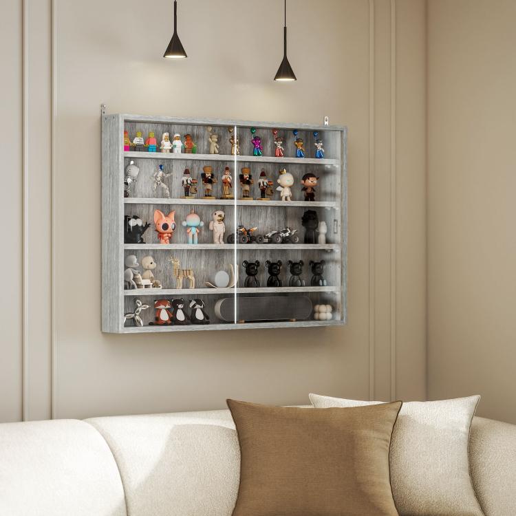 Gray wall-mounted display cabinet with two glass doors, shelves filled with collectibles.