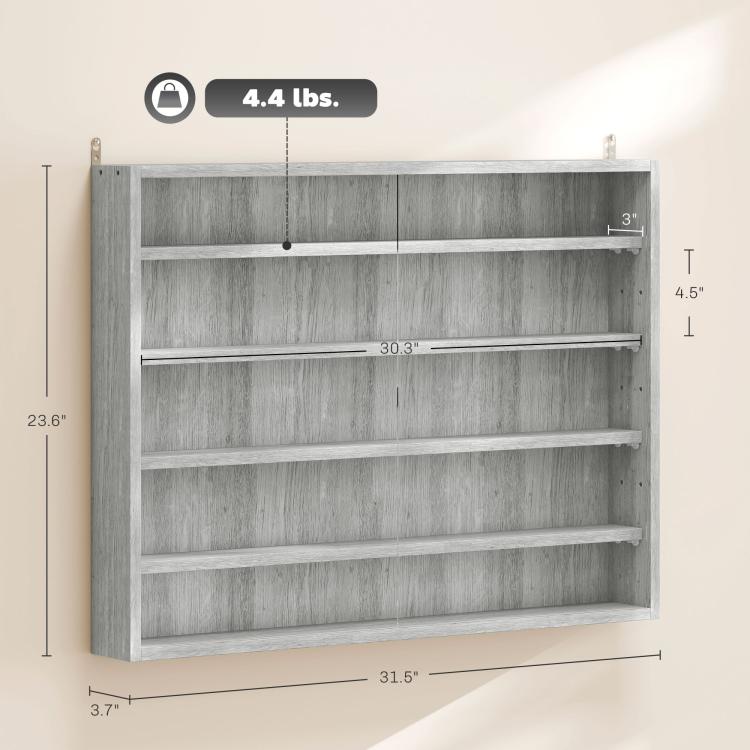 Gray 5-tier display cabinet body with adjustable internal shelves, shown from the front.