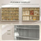Gray wall display cabinet with adjustable shelf positions for different-sized items.