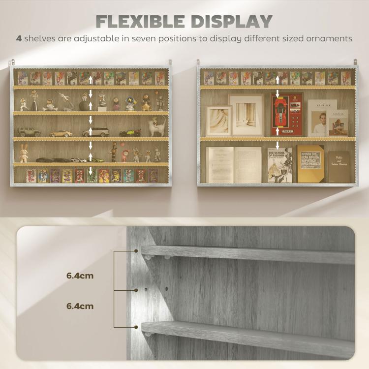 Gray wall display cabinet with adjustable shelf positions for different-sized items.