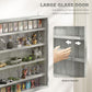 Gray display cabinet with large glass door and groove handle, shelves with collectibles inside.